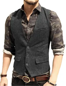 Mens grey herringbone V-neck vest waistcoat for casual business wear