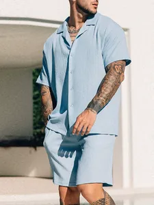 Men Summer Casual Shirt And Shorts Top And Bottom Set Solid Color Lapel Short Sleeve Crinkle Textured Vacation Beach Outfit