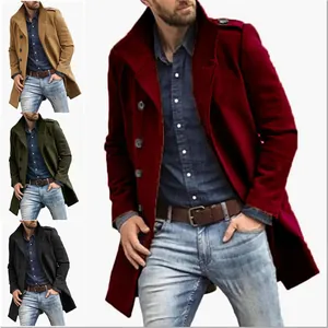 Men's mid-length wool blend trench coat with stand collar in multiple colors