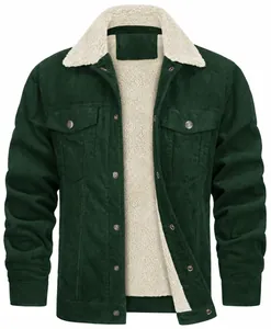 Detail view of premium men's green corduroy jacket with warm white faux fleece lining