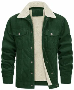 Detail view of premium men's green corduroy jacket with warm white faux fleece lining