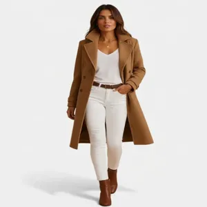 Full body view of the elegant camel wool coat styled with white pants and brown boots