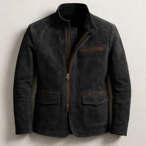 Close-up of premium dark gray stand-up collar jacket with refined brown zipper details