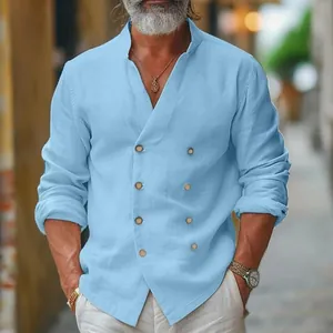 Vue détaillée chemise en lin pour homme double boutonnage bleu ciel à col officier