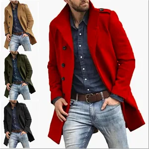 Detail view of men's mid-length wool coats in red, khaki, dark green, and black colors.