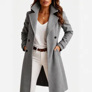 Detailed view of women's gray mid-length wool coat featuring stylish lapel collar