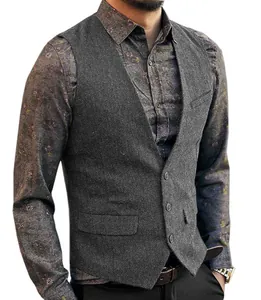Detailed view of men's grey herringbone pattern V-neck casual vest with buttons