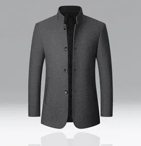 Abrigo de lana gris para hombre de invierno con forro acolchado y cuello levantado elegante