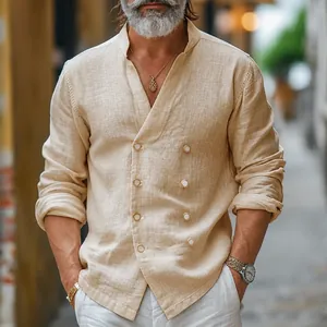 Detailed view of a men's double-breasted stand collar linen shirt in a natural beige color