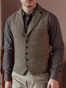 Herren Vintage Fischgrätenweste Einreihig Reverskragen Business Casual Acetatfaser Weste Top Für Frühling Herbst
