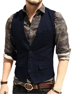 Detailed macro view of men's navy blue herringbone casual vest with V-neck design