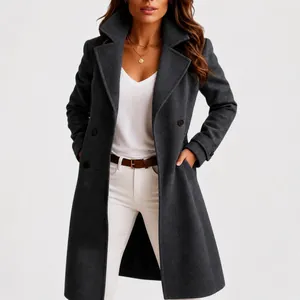 Elegant long dark grey wool coat with lapel design for women in autumn and winter