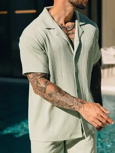 Modern men's light green textured summer casual short sleeve shirt and shorts set