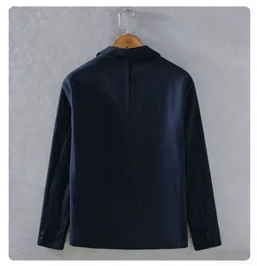 Rückansicht eines marineblauen, atmungsaktiven Herren-Leinenblazers mit Stoffstruktur