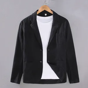 Blazer décontracté pour homme en coton et lin noir avec deux boutons et revers cranté