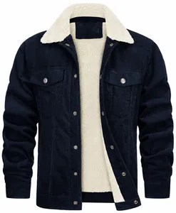 High quality detail of men's navy blue corduroy jacket featuring warm white fleece lining