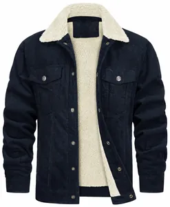 High quality detail of men's navy blue corduroy jacket featuring warm white fleece lining
