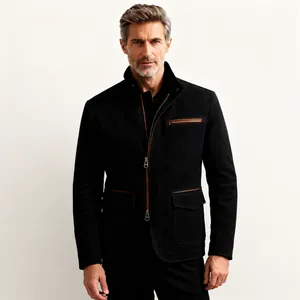 Frontal view of high-quality black men's casual jacket with leather trim and stand collar