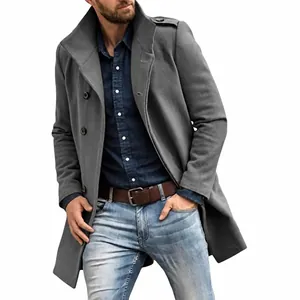 Stylish men's mid-length grey wool trench coat with standing collar for autumn and winter.