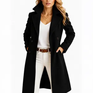 Detail of elegant women's black mid-length wool coat with classic lapels and pockets.