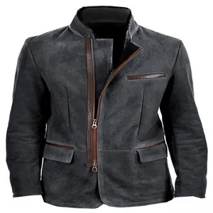 Detaillierte Ansicht einer Vintage-Herrenjacke mit Stehkragen und Lederbesatz am Kragen