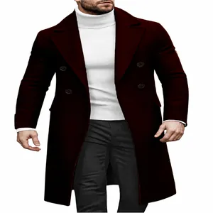 Men's elegant burgundy double-breasted wool blend coat in a stylish business casual cut