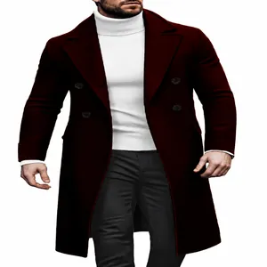 Elegante abrigo de lana burdeos con doble botonadura para hombre, estilo casual y formal