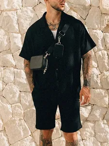 Men's summer casual black short sleeve button down shirt and shorts matching set