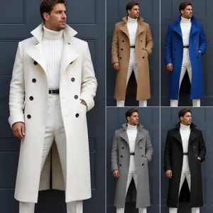 Men Slim Fit Double Breasted Woolen Trench Coat Long Winter Jacket Casual Solid Color Lapel Overcoat For Outdoor Daily Wear