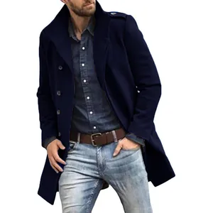 Elegant navy blue mid-length wool overcoat for men with stylish stand collar and buttons.