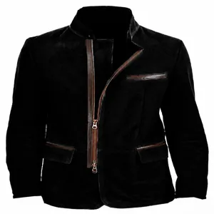 Detaillierte Nahaufnahme einer schwarzen Vintage-Herrenjacke mit Stehkragen und Reißverschluss.