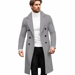 Men's grey double-breasted wool coat in a stylish mid-length business casual design
