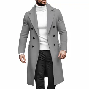 Abrigo de lana gris para hombre, cruzado, diseño casual de negocios de largo medio