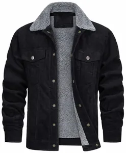 Close-up of black corduroy jacket with warm grey fleece lining and lapel detail.