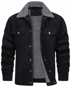 Close-up of black corduroy jacket with warm grey fleece lining and lapel detail.