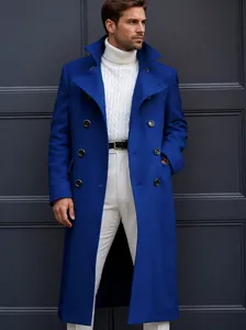 Front view of a men's long double-breasted blue wool trench coat with large lapels