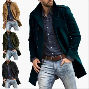 Front view of men's mid-length woolen trench coat showing four different solid colors