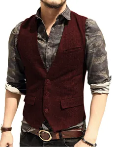 Close-up of men's burgundy herringbone vest with V-neck and casual slim fit design
