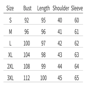 Size chart for women's wool trench coat showing bust, length, shoulder, and sleeve measurements