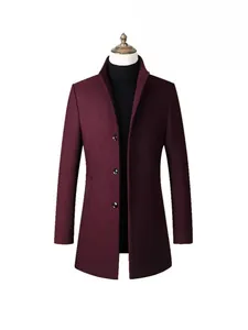 Herren Mittellanger Stehkragen Kurzmantel Einreihiger Wollmantel Slim Fit Business Casual Einfarbiger Trenchcoat Jacke