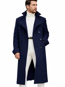 Navy blue slim fit men's double-breasted wool overcoat for autumn and winter wear