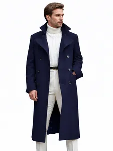 Navy blue slim fit men's double-breasted wool overcoat for autumn and winter wear