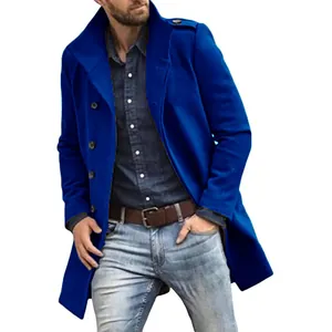 Detailed view of a men's bright blue mid-length wool overcoat featuring a stand collar
