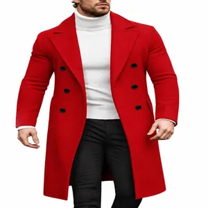 Close-up of men's red double-breasted wool coat with notch lapels and classic buttons.