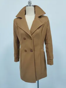 Detailed view of a camel wool overcoat for women with notched lapels and double breasted design