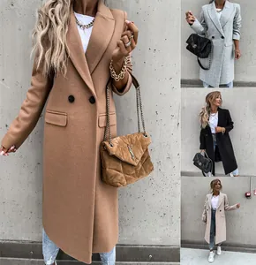 Chic long wool blend overcoats for women shown in four elegant autumn and winter colors