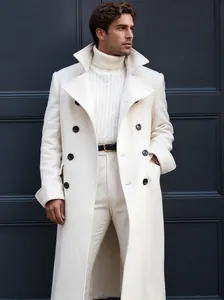 Elegant white double-breasted woolen overcoat for men in a slim-fit winter style.