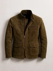 Men Stand Collar Zipper Jacket Vintage Casual Polyester Frosted Texture Outerwear Top For Autumn Winter