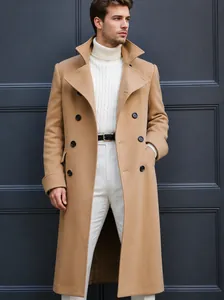 Close-up detail of men's slim-fit double-breasted khaki wool overcoat with lapels