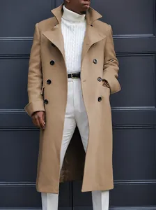 Close-up detail of men's slim-fit double-breasted khaki wool overcoat with lapels